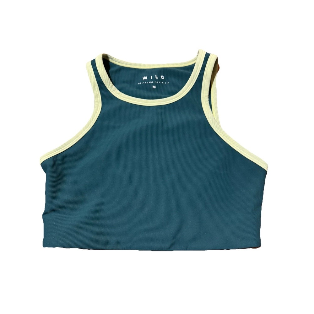 WILO The Label Ribbed Sports Bra Crop Top Women's Med Green Contrast Trim Active
